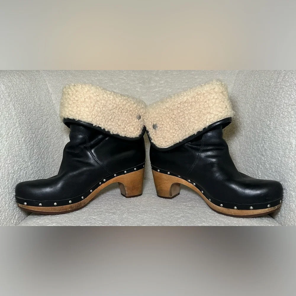 UGG Lynnea 1958 black leather boots booties fold over shearling‎ warm cozy thick